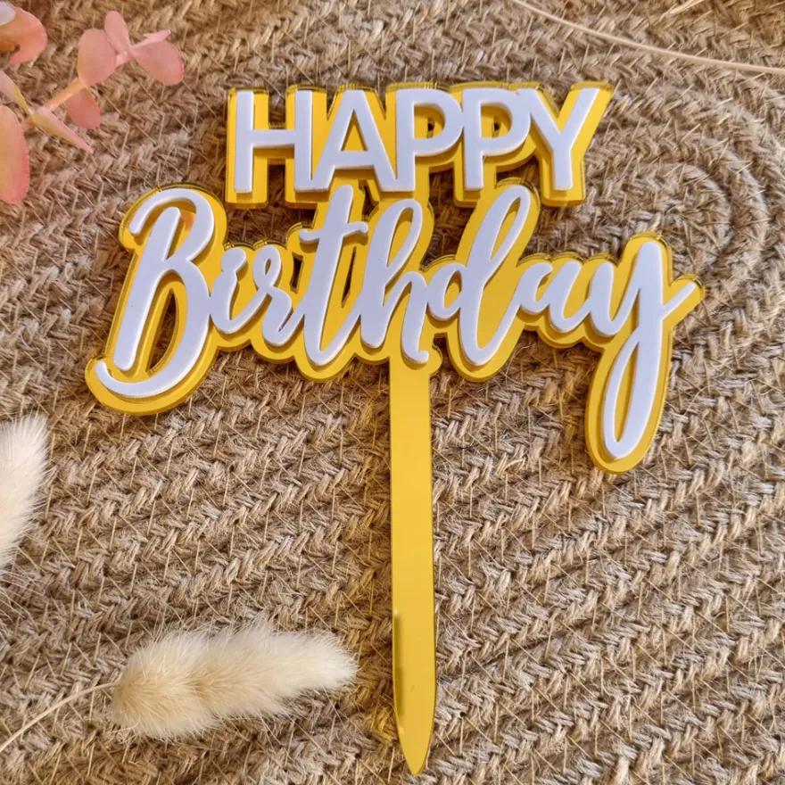 Cake Topper Acryl "Happy Birthday" metallic Gold/Weiß