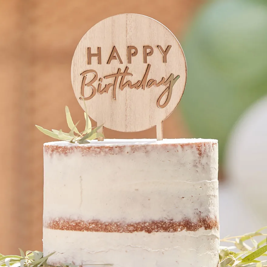 Ginger Ray Holz Cake Topper - Rund - Happy Birthday