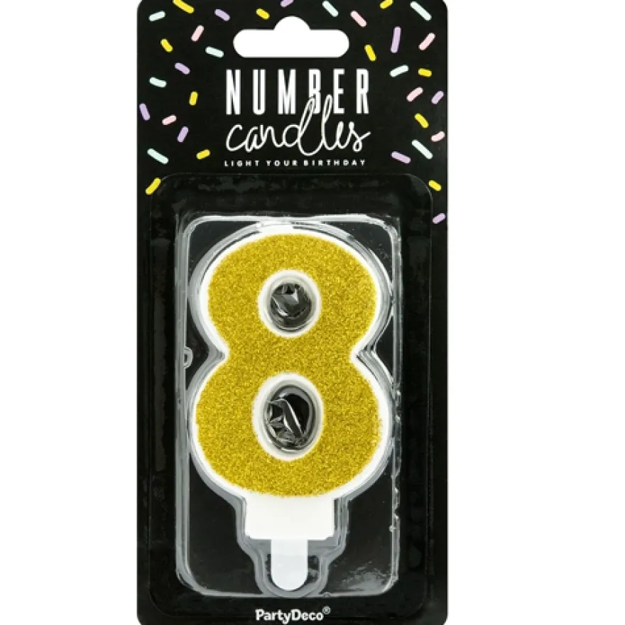 PartyDeco Zahlenkerze Gold - Nummer 8