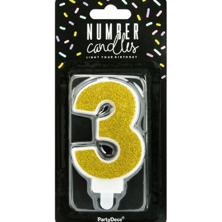 PartyDeco Zahlenkerze Gold - Nummer 3