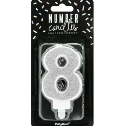 PartyDeco Zahlenkerze Silber - Nummer 8