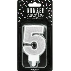 PartyDeco Zahlenkerze Silber - Nummer 5