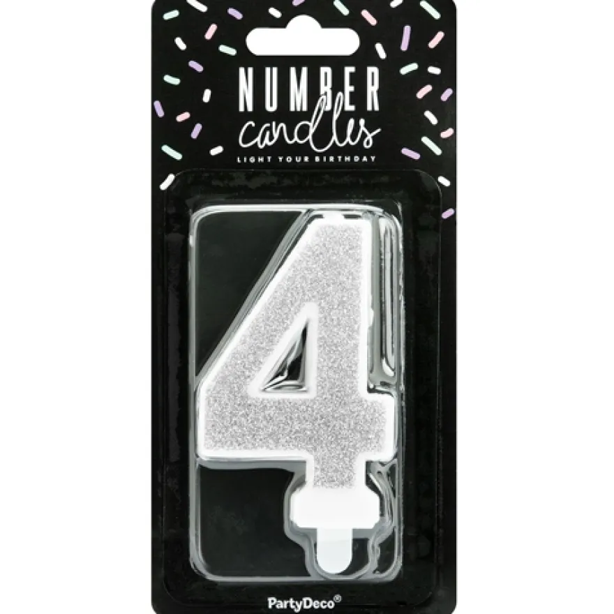 PartyDeco Zahlenkerze Silber - Nummer 4