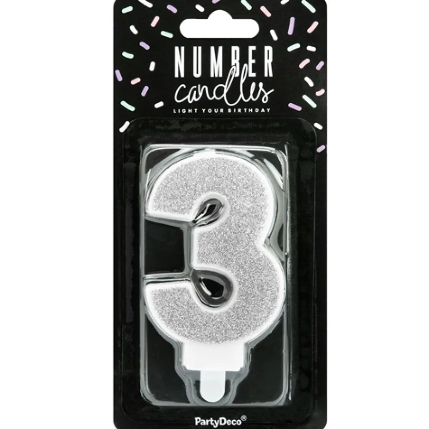 PartyDeco Zahlenkerze Silber - Nummer 3