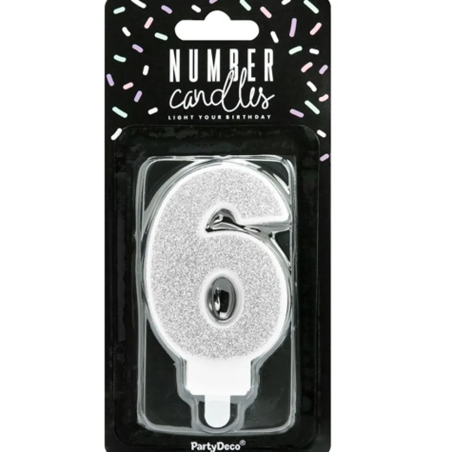 PartyDeco Zahlenkerze Silber - Nummer 6