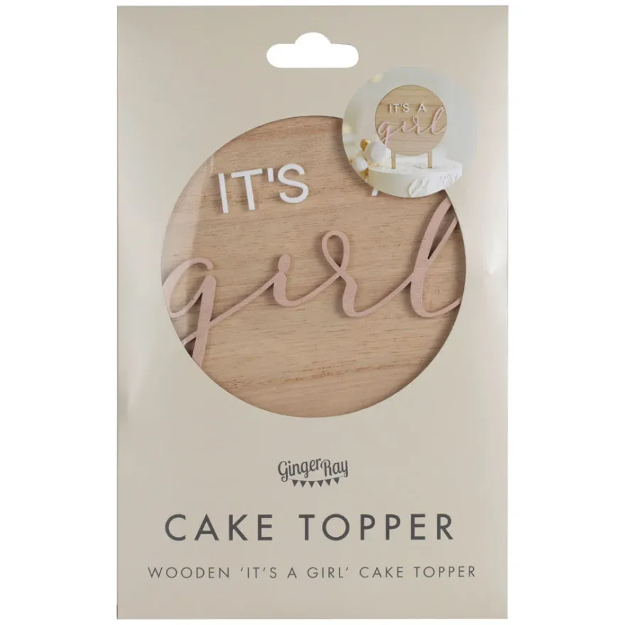Runder Cake Topper Holz "It´s a Girl" Rosa